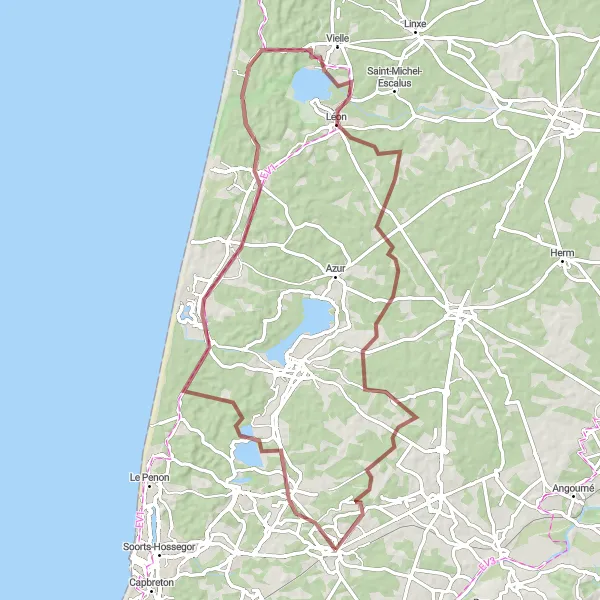 Map miniature of "The Gravel Escape" cycling inspiration in Aquitaine, France. Generated by Tarmacs.app cycling route planner