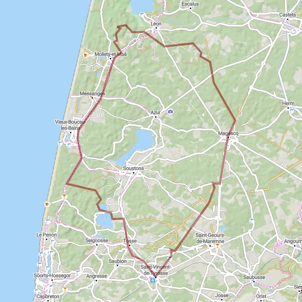 Map miniature of "Off-Road Adventure to L'Étang Blanc" cycling inspiration in Aquitaine, France. Generated by Tarmacs.app cycling route planner