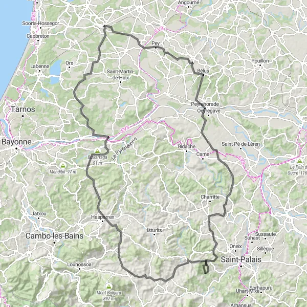 Miniature de la carte de l'inspiration cycliste "Parcours des Collines Basques Road Challenge" dans la Aquitaine, France. Générée par le planificateur d'itinéraire cycliste Tarmacs.app