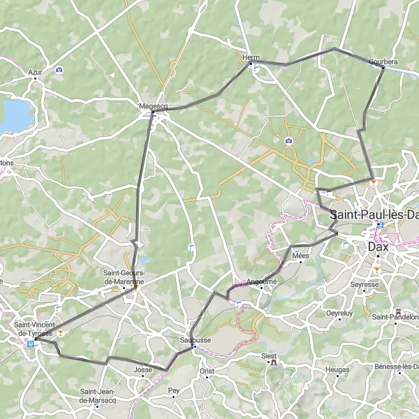 Map miniature of "Magescq Marvel" cycling inspiration in Aquitaine, France. Generated by Tarmacs.app cycling route planner