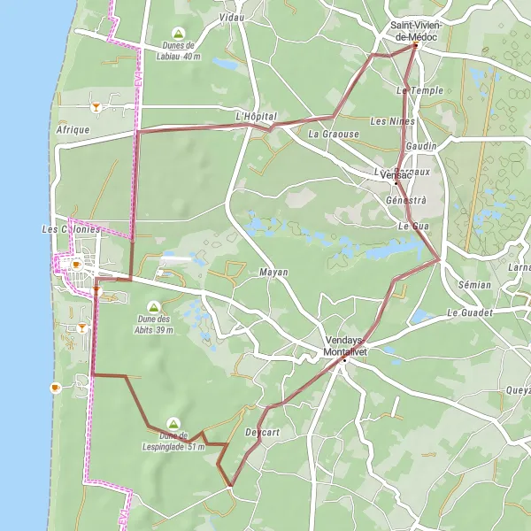 Map miniature of "Vensac Explorer" cycling inspiration in Aquitaine, France. Generated by Tarmacs.app cycling route planner