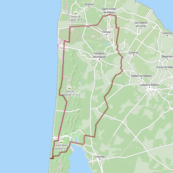 Map miniature of "Hourtin Plage Adventure" cycling inspiration in Aquitaine, France. Generated by Tarmacs.app cycling route planner