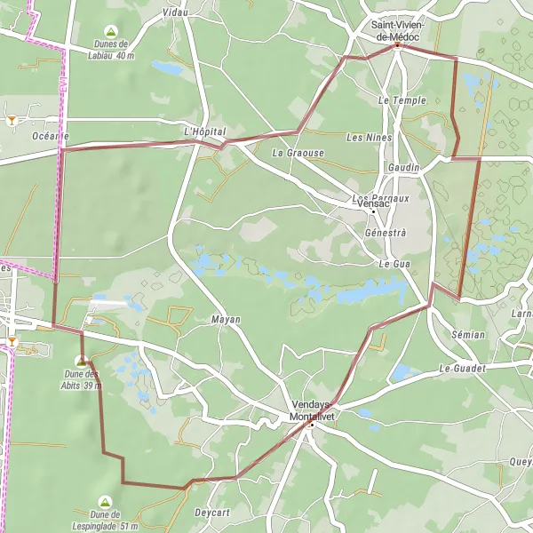 Map miniature of "Vendays-Montalivet Escape" cycling inspiration in Aquitaine, France. Generated by Tarmacs.app cycling route planner