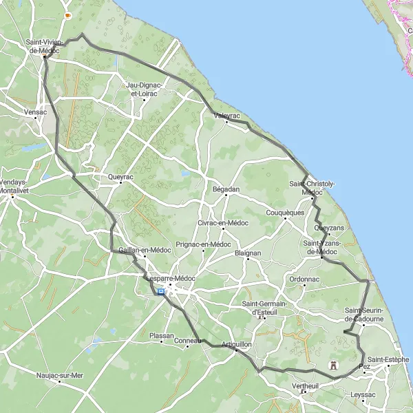 Map miniature of "The Valeyrac Discovery Ride via Saint-Yzans-de-Médoc and Saint-Seurin-de-Cadourne" cycling inspiration in Aquitaine, France. Generated by Tarmacs.app cycling route planner