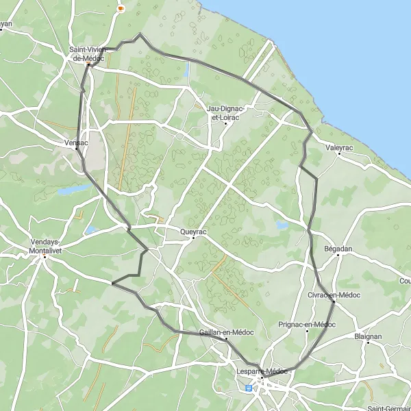 Map miniature of "Civrac-en-Médoc Loop" cycling inspiration in Aquitaine, France. Generated by Tarmacs.app cycling route planner