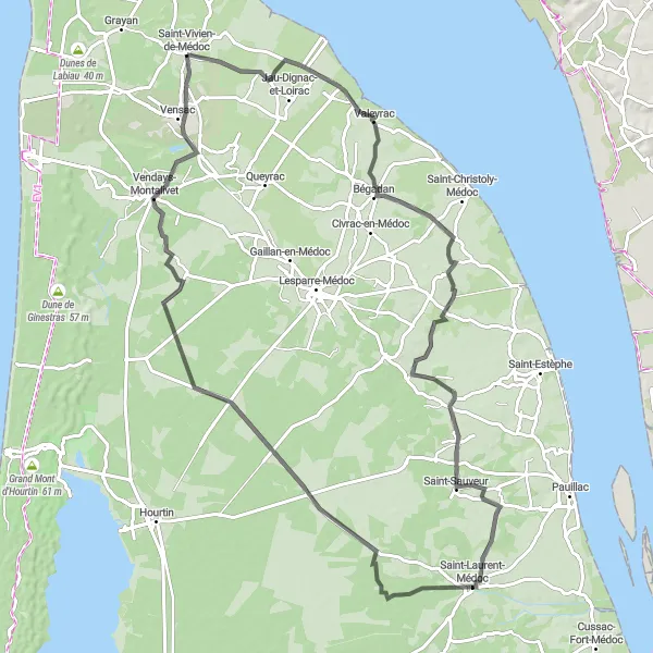 Map miniature of "Medoc Wine Route" cycling inspiration in Aquitaine, France. Generated by Tarmacs.app cycling route planner