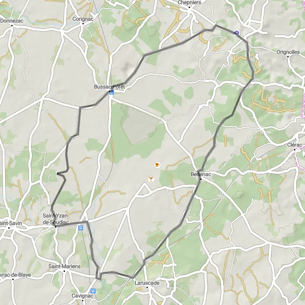 Miniatua del mapa de inspiración ciclista "Explorando Bussac-Forêt y Bedenac en carretera" en Aquitaine, France. Generado por Tarmacs.app planificador de rutas ciclistas