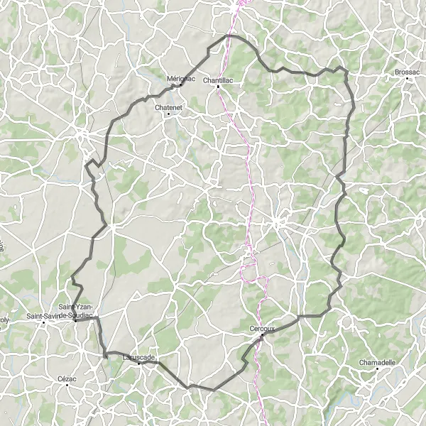 Miniatua del mapa de inspiración ciclista "Ruta por carretera hacia L'Aiguille" en Aquitaine, France. Generado por Tarmacs.app planificador de rutas ciclistas