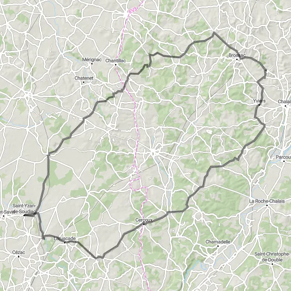 Map miniature of "Challenging Road Loop: Bussac-Forêt to L'Aiguille" cycling inspiration in Aquitaine, France. Generated by Tarmacs.app cycling route planner