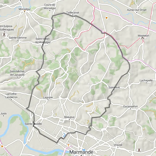 Miniatua del mapa de inspiración ciclista "Ruta por carretera a través de Saint-Vivien-de-Monségur, Taillecavat, Billas y Sainte-Bazeille" en Aquitaine, France. Generado por Tarmacs.app planificador de rutas ciclistas