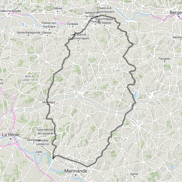 Map miniature of "The Monségur Challenge" cycling inspiration in Aquitaine, France. Generated by Tarmacs.app cycling route planner