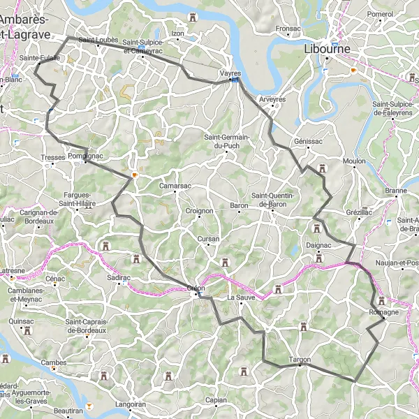 Miniatua del mapa de inspiración ciclista "Ruta de los pueblos medievales de Saint-Loubès a Yvrac" en Aquitaine, France. Generado por Tarmacs.app planificador de rutas ciclistas