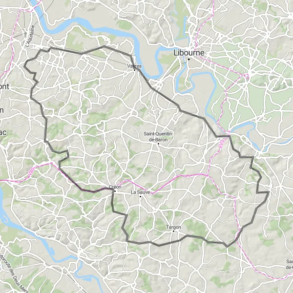 Map miniature of "Génissac Loop" cycling inspiration in Aquitaine, France. Generated by Tarmacs.app cycling route planner