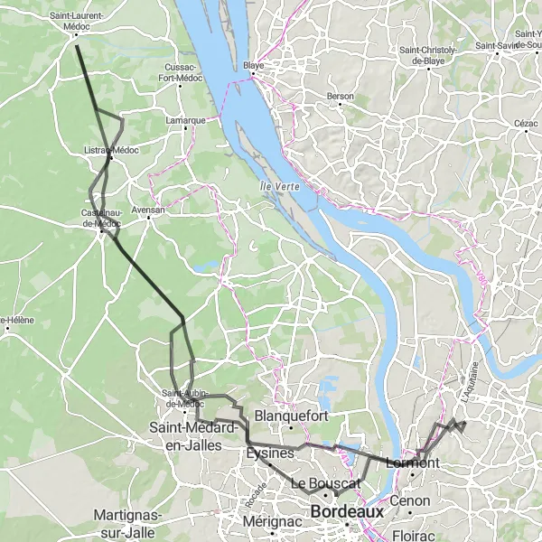 Miniature de la carte de l'inspiration cycliste "Route des Châteaux Médocains" dans la Aquitaine, France. Générée par le planificateur d'itinéraire cycliste Tarmacs.app