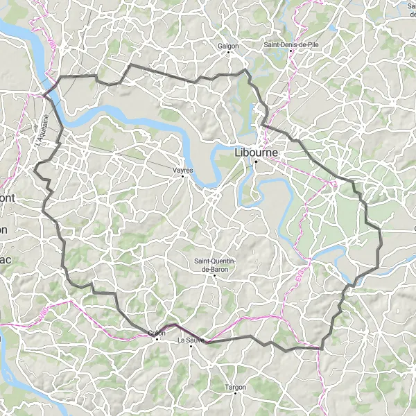 Map miniature of "Historical Journey: From Cubzac-les-Ponts to Sainte-Terre" cycling inspiration in Aquitaine, France. Generated by Tarmacs.app cycling route planner