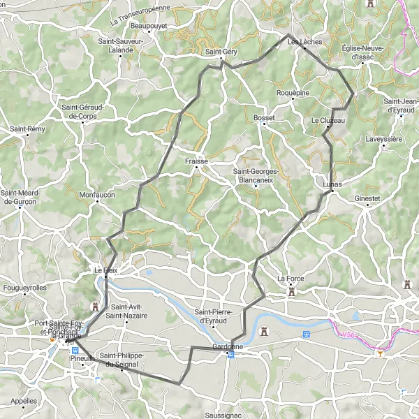 Miniatua del mapa de inspiración ciclista "Ruta escénica a Port-Sainte-Foy-et-Ponchapt" en Aquitaine, France. Generado por Tarmacs.app planificador de rutas ciclistas