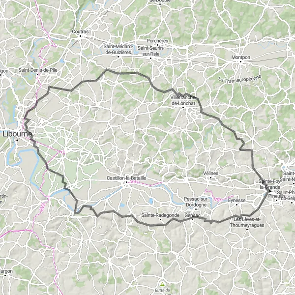 Map miniature of "Epic Tour of Wine Country" cycling inspiration in Aquitaine, France. Generated by Tarmacs.app cycling route planner