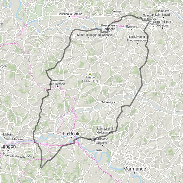 Map miniature of "The Rolling Winds of Aquitaine" cycling inspiration in Aquitaine, France. Generated by Tarmacs.app cycling route planner