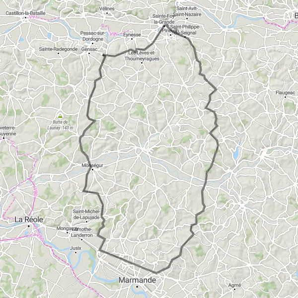 Map miniature of "Scenic Views and Challenging Climbs" cycling inspiration in Aquitaine, France. Generated by Tarmacs.app cycling route planner