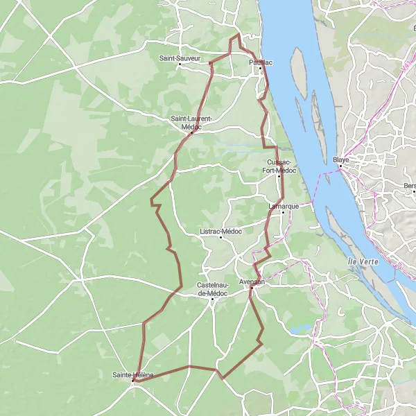 Miniatua del mapa de inspiración ciclista "Ruta desafiante en bicicleta de grava a través de Saint-Laurent-Médoc, Pauillac y Avensan" en Aquitaine, France. Generado por Tarmacs.app planificador de rutas ciclistas