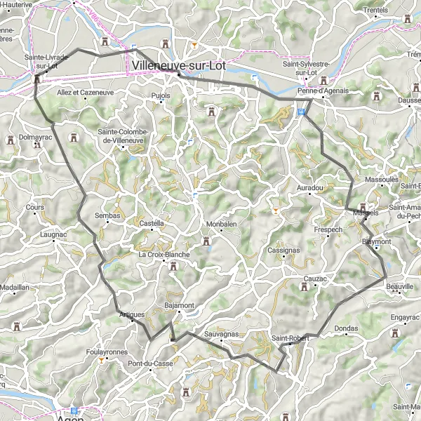 Map miniature of "Villeneuve-sur-Lot Circuit" cycling inspiration in Aquitaine, France. Generated by Tarmacs.app cycling route planner