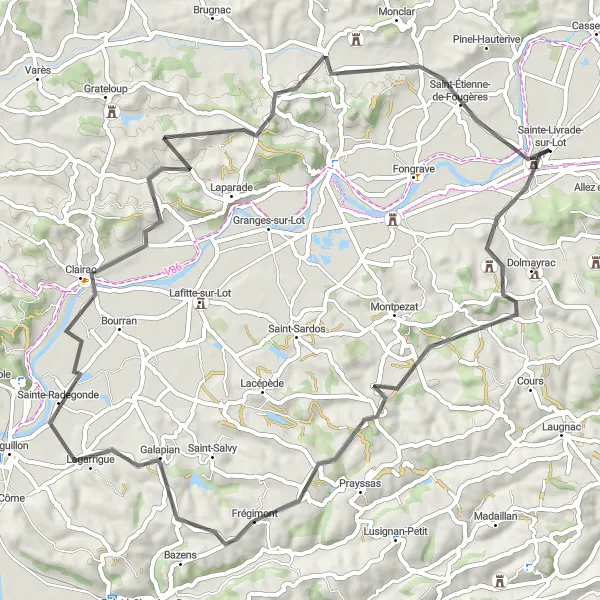 Map miniature of "Tour du Roy and Galapian" cycling inspiration in Aquitaine, France. Generated by Tarmacs.app cycling route planner