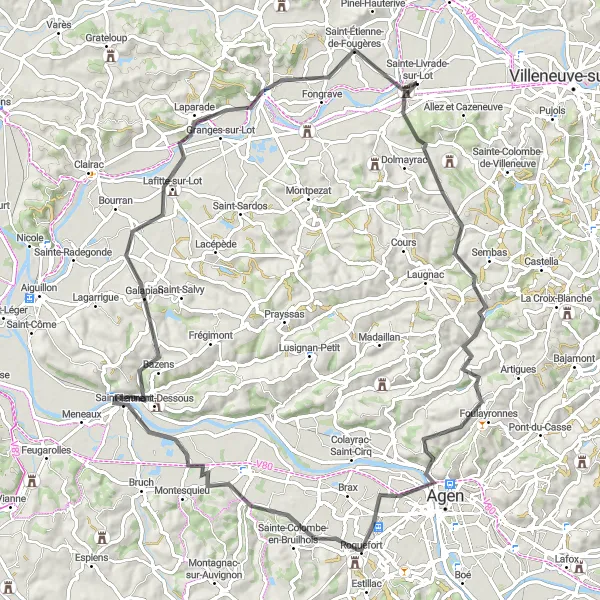 Miniatua del mapa de inspiración ciclista "Ruta por carretera a través de Sainte-Livrade-sur-Lot" en Aquitaine, France. Generado por Tarmacs.app planificador de rutas ciclistas