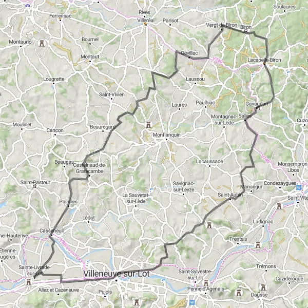 Map miniature of "Castelnaud-de-Gratecambe Loop" cycling inspiration in Aquitaine, France. Generated by Tarmacs.app cycling route planner