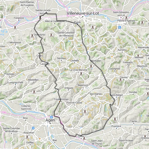 Miniatua del mapa de inspiración ciclista "Desafío en bicicleta desde Sainte-Livrade-sur-Lot" en Aquitaine, France. Generado por Tarmacs.app planificador de rutas ciclistas