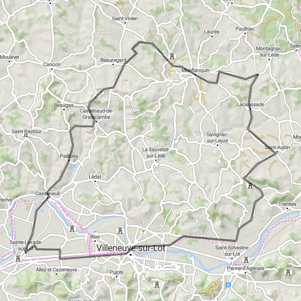 Map miniature of "Monflanquin Adventure" cycling inspiration in Aquitaine, France. Generated by Tarmacs.app cycling route planner