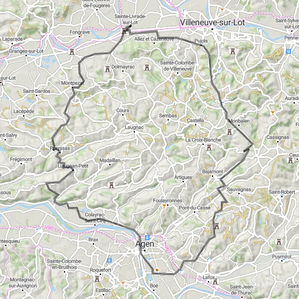 Map miniature of "Scenic Route to Saint-Antoine-de-Ficalba" cycling inspiration in Aquitaine, France. Generated by Tarmacs.app cycling route planner