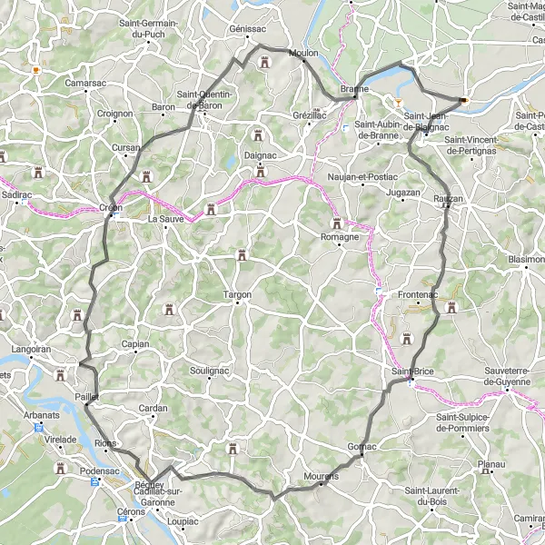 Miniature de la carte de l'inspiration cycliste "La Boucle de la Dordogne" dans la Aquitaine, France. Générée par le planificateur d'itinéraire cycliste Tarmacs.app