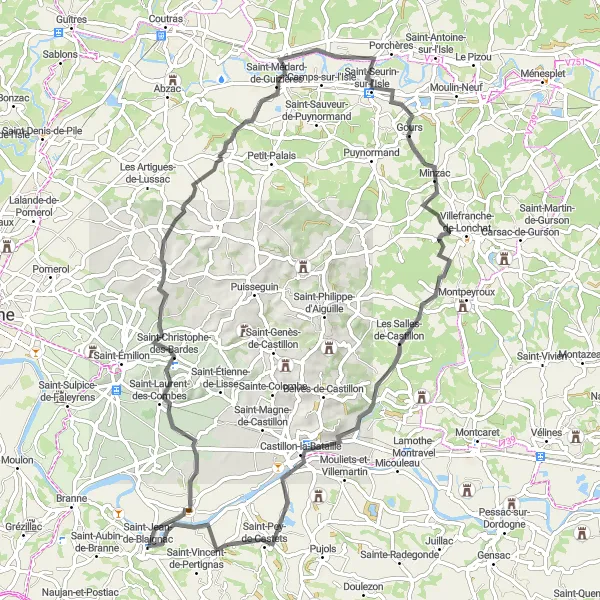 Miniature de la carte de l'inspiration cycliste "Le Tour de Gironde" dans la Aquitaine, France. Générée par le planificateur d'itinéraire cycliste Tarmacs.app