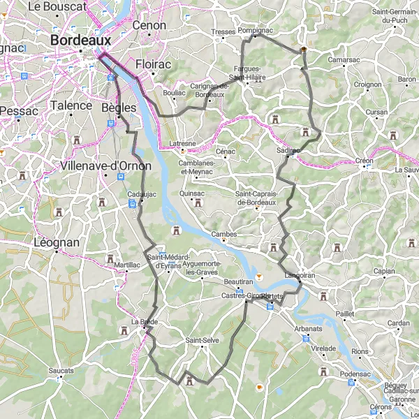 Map miniature of "Hills and Châteaux" cycling inspiration in Aquitaine, France. Generated by Tarmacs.app cycling route planner