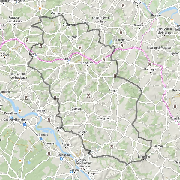 Map miniature of "Camiac-et-Saint-Denis Loop" cycling inspiration in Aquitaine, France. Generated by Tarmacs.app cycling route planner