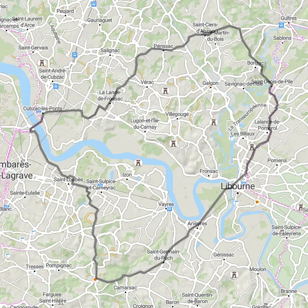 Miniatua del mapa de inspiración ciclista "Ruta Campestre" en Aquitaine, France. Generado por Tarmacs.app planificador de rutas ciclistas