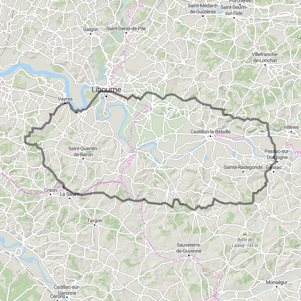 Map miniature of "Wine and History Tour" cycling inspiration in Aquitaine, France. Generated by Tarmacs.app cycling route planner