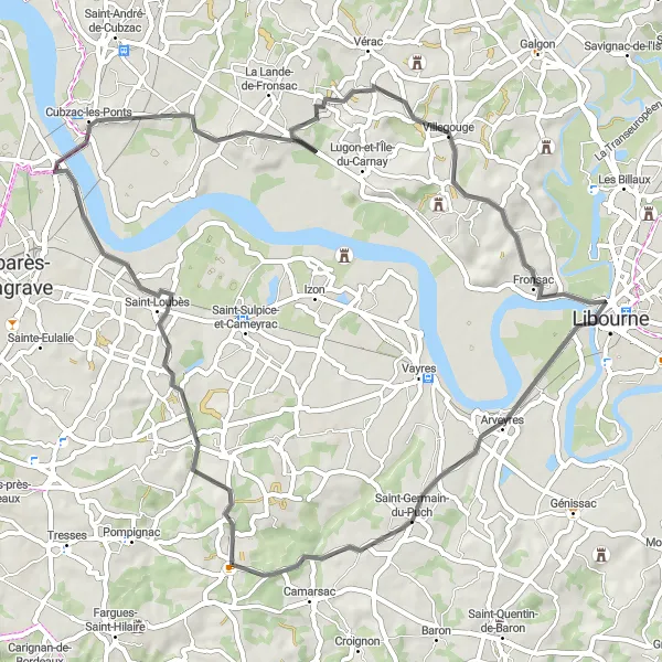 Map miniature of "Riverside Ride" cycling inspiration in Aquitaine, France. Generated by Tarmacs.app cycling route planner