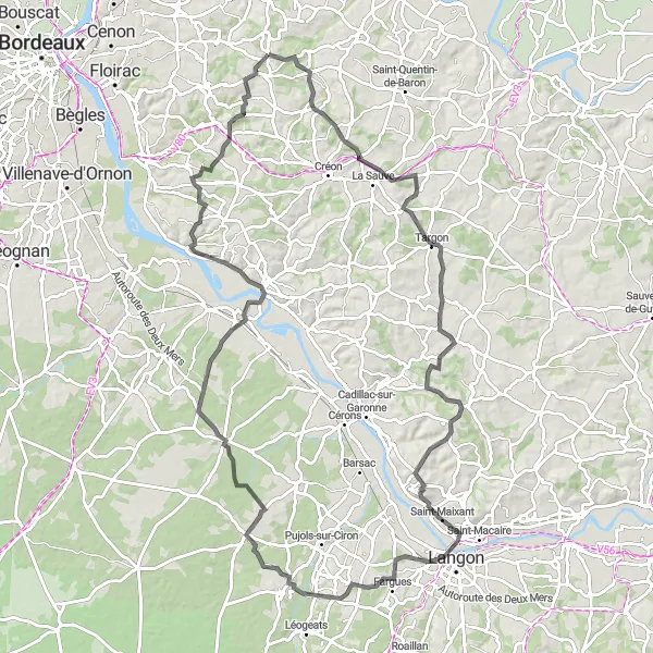 Miniatua del mapa de inspiración ciclista "Ruta Vinícola a Sauternes" en Aquitaine, France. Generado por Tarmacs.app planificador de rutas ciclistas