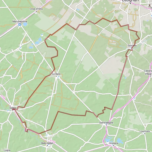 Miniatua del mapa de inspiración ciclista "Ruta de Grava por Saucats" en Aquitaine, France. Generado por Tarmacs.app planificador de rutas ciclistas