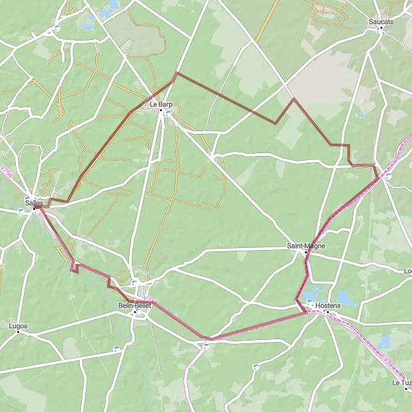 Miniature de la carte de l'inspiration cycliste "Boucle des Espaces Sauvages" dans la Aquitaine, France. Générée par le planificateur d'itinéraire cycliste Tarmacs.app