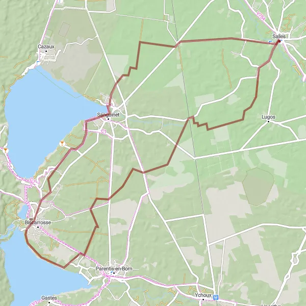 Miniatua del mapa de inspiración ciclista "Ruta de Aventura en Biscarrosse" en Aquitaine, France. Generado por Tarmacs.app planificador de rutas ciclistas