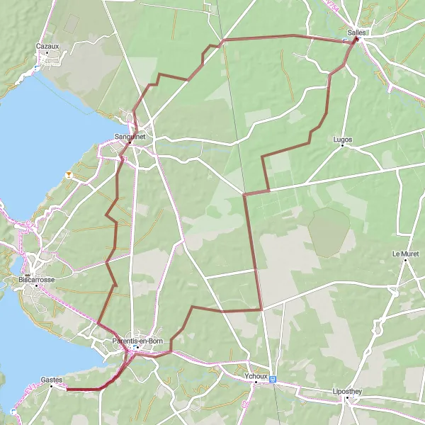Map miniature of "Parentis-en-Born Gravel Adventure" cycling inspiration in Aquitaine, France. Generated by Tarmacs.app cycling route planner