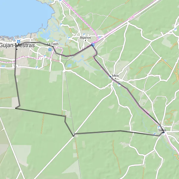 Miniature de la carte de l'inspiration cycliste "Exploration de Gujan-Mestras et Mios" dans la Aquitaine, France. Générée par le planificateur d'itinéraire cycliste Tarmacs.app