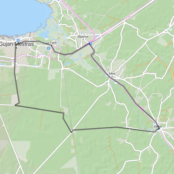 Map miniature of "Coastal Ride: Salles to Gujan-Mestras" cycling inspiration in Aquitaine, France. Generated by Tarmacs.app cycling route planner