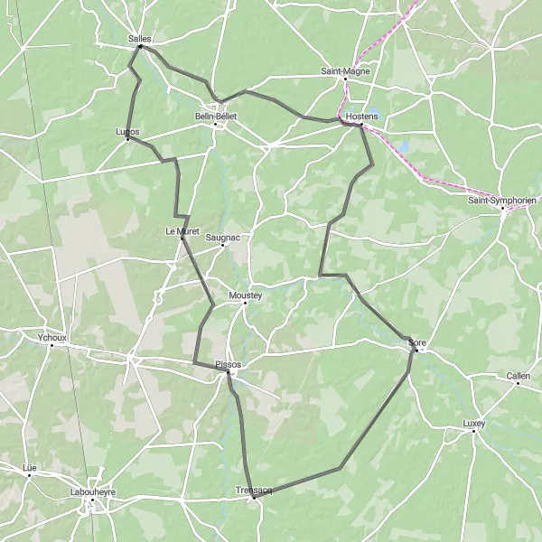 Miniatua del mapa de inspiración ciclista "Ruta Histórica de Pissos" en Aquitaine, France. Generado por Tarmacs.app planificador de rutas ciclistas