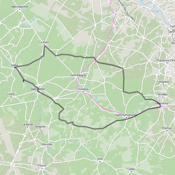 Miniatua del mapa de inspiración ciclista "Ruta de los Bosques y Pueblos" en Aquitaine, France. Generado por Tarmacs.app planificador de rutas ciclistas