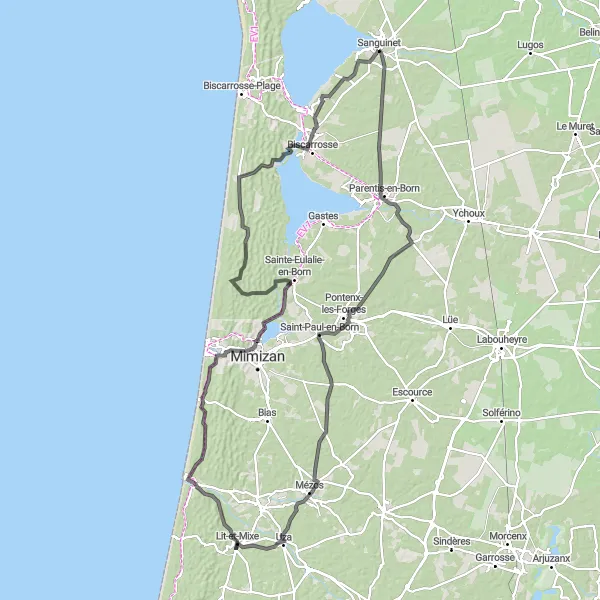 Map miniature of "Sanguinet-Parentis-en-Born Loop" cycling inspiration in Aquitaine, France. Generated by Tarmacs.app cycling route planner