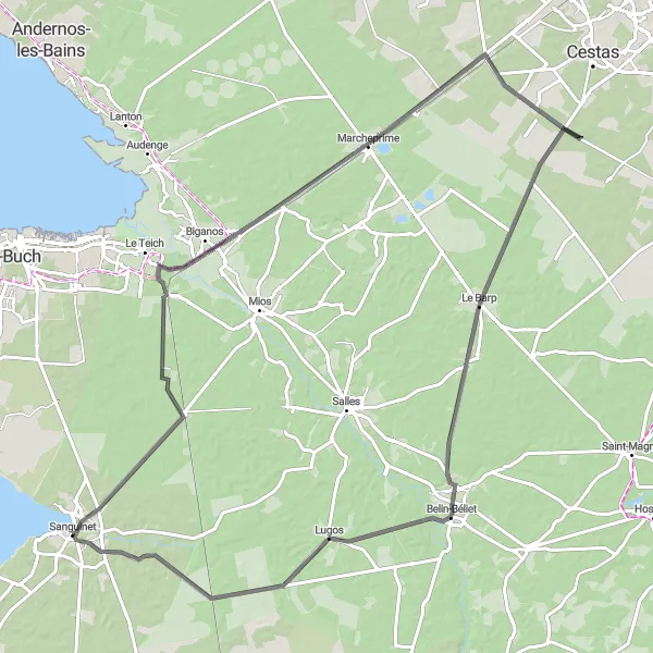 Miniatua del mapa de inspiración ciclista "Ruta de ciclismo de carretera desde Sanguinet a Marcheprime" en Aquitaine, France. Generado por Tarmacs.app planificador de rutas ciclistas