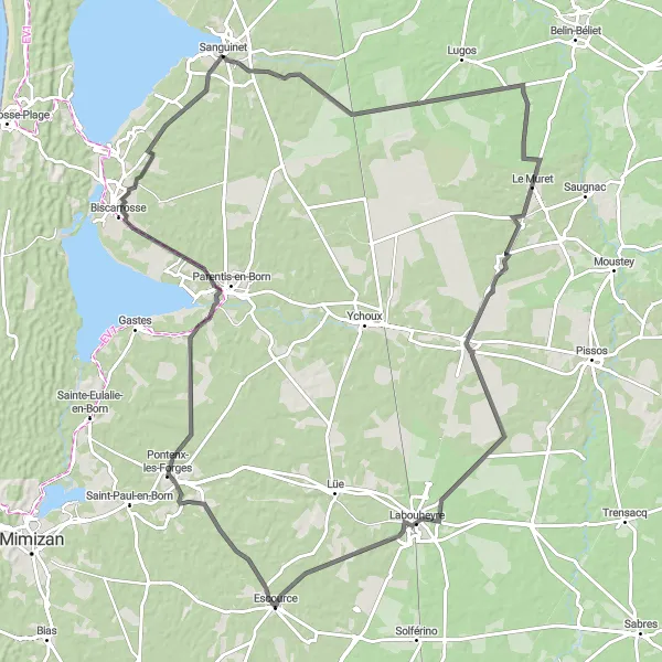 Miniatua del mapa de inspiración ciclista "Ruta de Carretera por Marian y Biscarrosse" en Aquitaine, France. Generado por Tarmacs.app planificador de rutas ciclistas